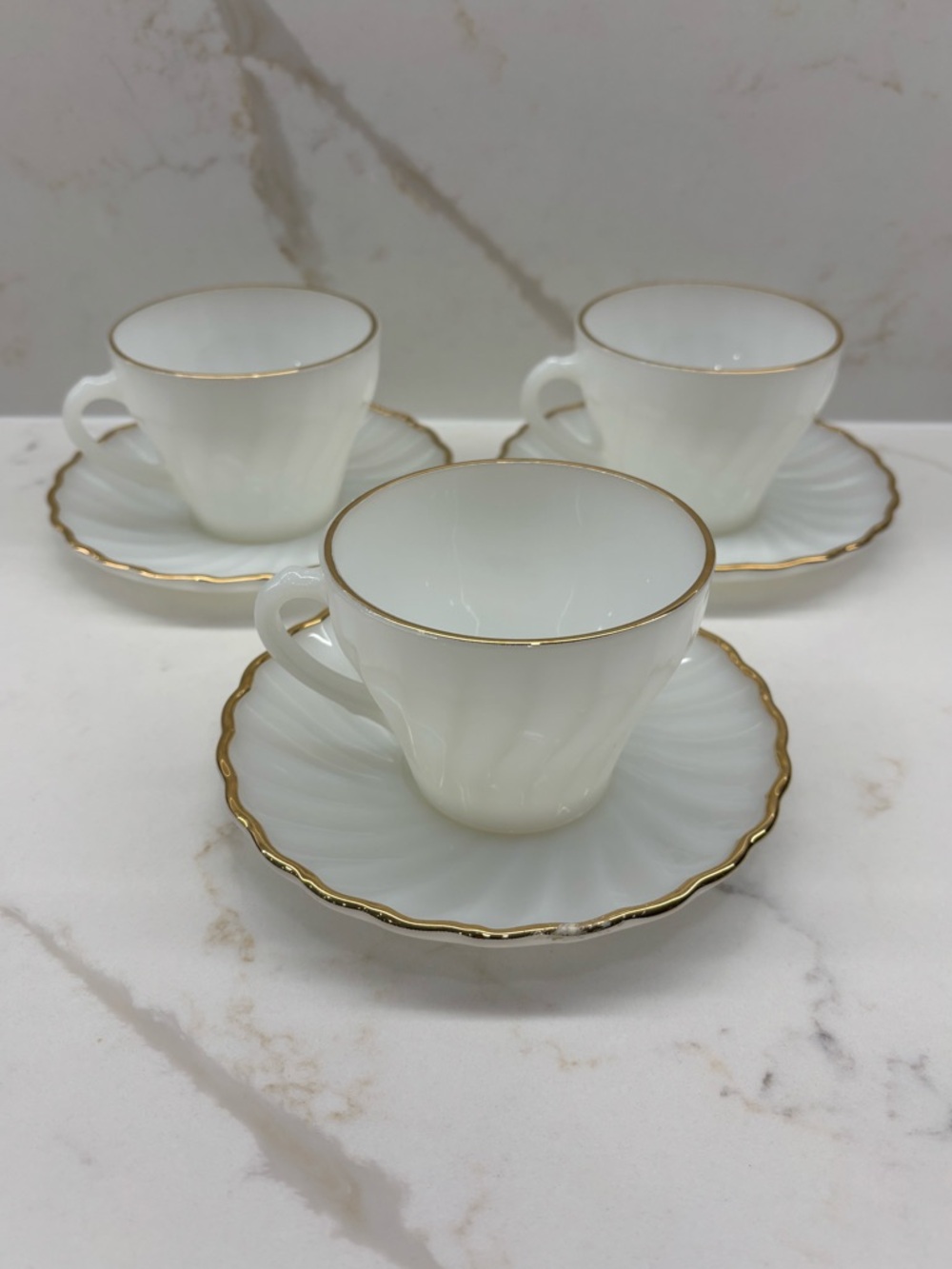 3 Vintage Anchor Hocking Fire King Cup Saucer Sets White Swirl Milk Glass & Gold